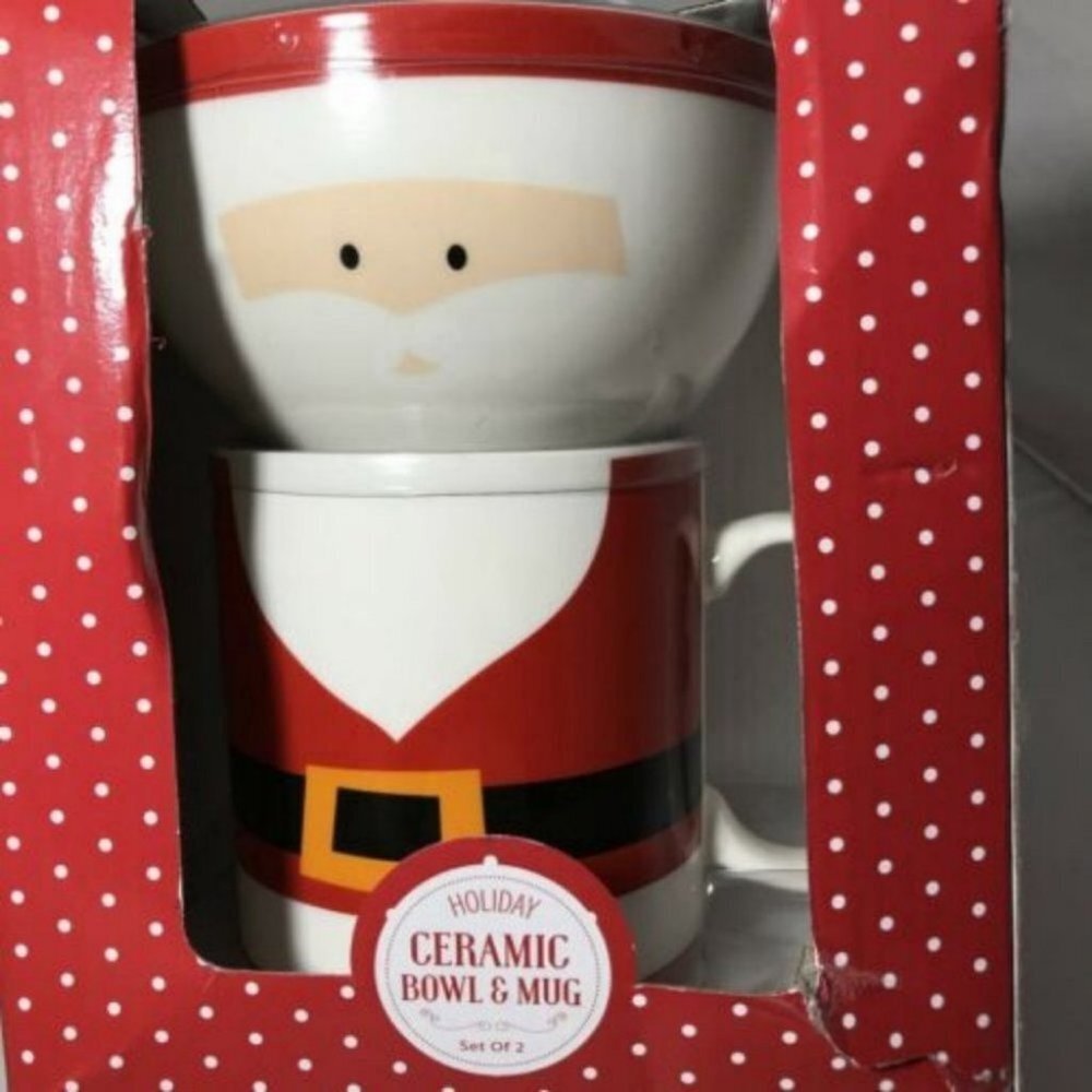 Christmas Holiday Ceramic Bowl Mug Set Of 2 Santa Christmas